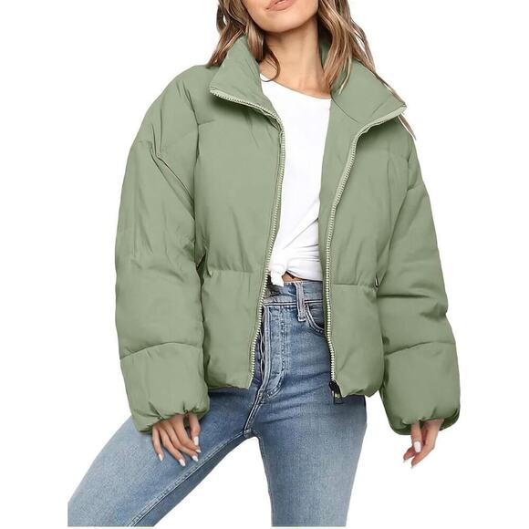 NWT Polu Cropped Puffer Jacket Oversized Full Zip Puffy Quilted Pockets Large - Picture 1 of 8